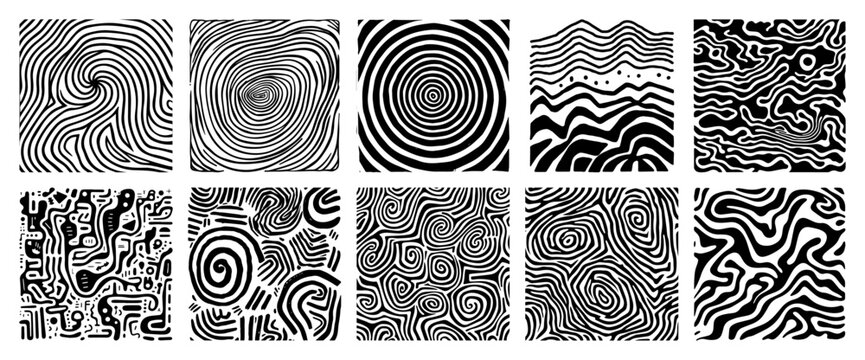 Abstract optical illusion patterns vector set Collection of hypnotic black and white spiral and wavy textures