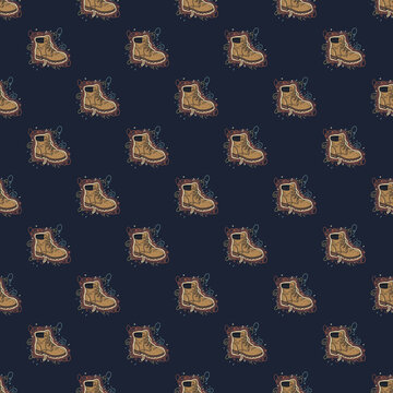 Charming seamless pattern of whimsical tan hiking or work boots with laces and magical sparkles on a deep navy background