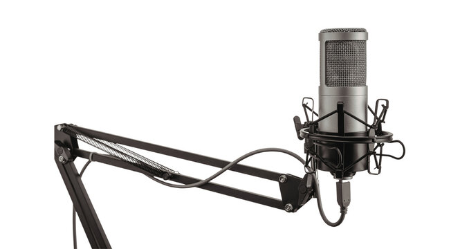 Studio condenser microphone PNG isolated on transparent background, professional audio recording equipment for podcasting and broadcasting