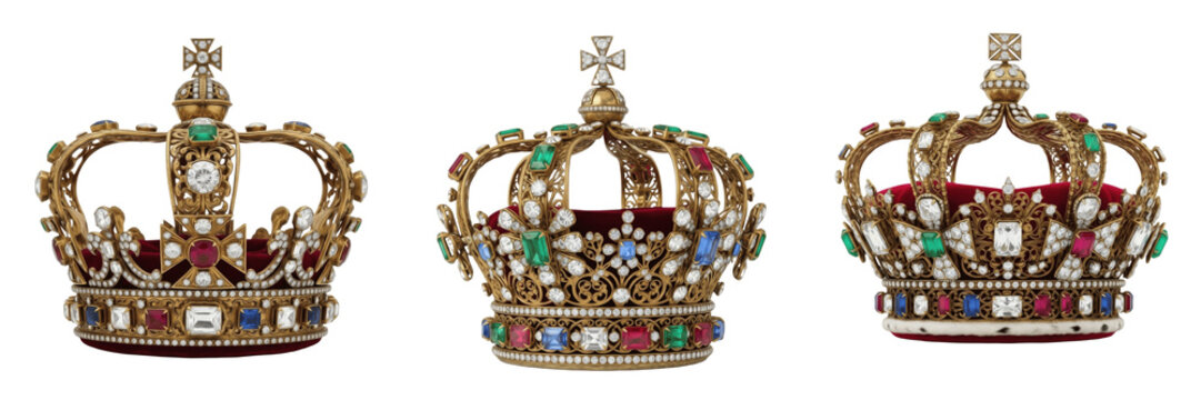 Set and collection of royal gold crowns with diamonds rubies emeralds and sapphires luxury king queen jewelry isolated on white transparent png background