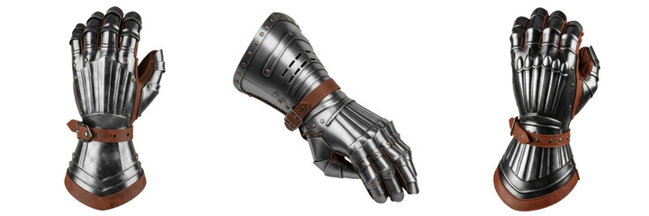 Set and collection of medieval steel knight gauntlets and polished armor gloves isolated on white...