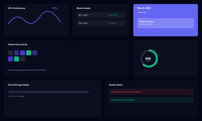 Sleek Dark Mode Dashboard UI Design for Business Data Analytics Display