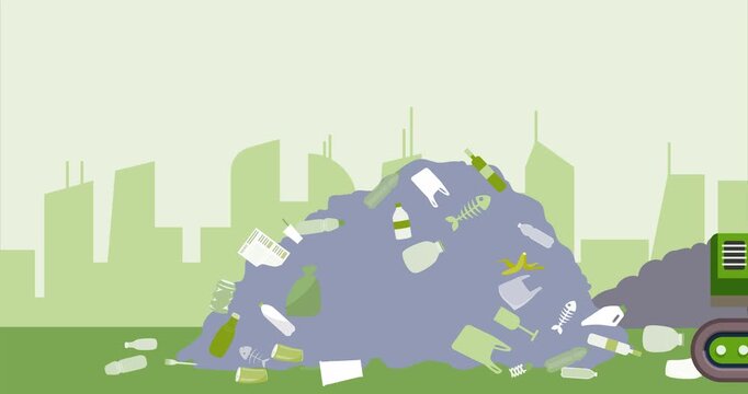 Excavator Disposing of Waste. Backhoe Working on Garbage Dump at Landfill Site. Eco & Environment Motion Graphic Animation Concept.