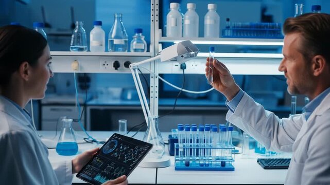Two scientists in a laboratory setting examining a small object with a tablet
