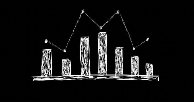 Business Animated Growth & Analysis Up-Down Graph Chart Animation. Infographics Business Achievement Diagram. Financial Handwritten Bar Chart Motion Graphics with Black Background.
