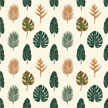 Hand drawn tropical leaves and heliconia flowers in a textured block print seamless pattern