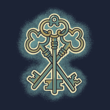 Painted retro keys with decorative glowing elements and textured background in a vintage style