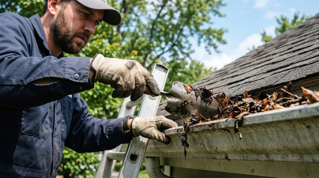 Cleaning roof gutters with professional worker removing debris and leaves from gutter system. Roofer utilizes tools to ensure proper water drainage