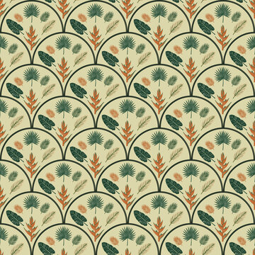 Hand drawn tropical leaves and heliconia in an art deco scalloped seamless pattern
