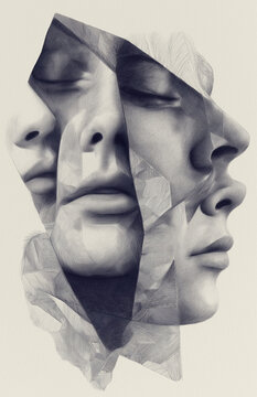 a drawing of an anatomical human face with multiple faces melting seamlessly into each other, in the style of realistic, hyper-detailed portraits