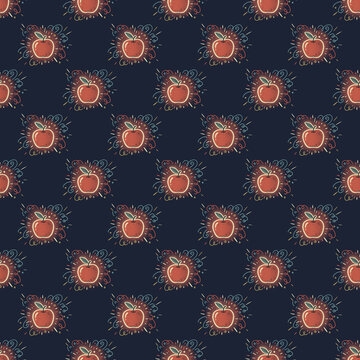 Hand-painted seamless pattern with adorable red apples, green leaves, and colorful magical swirls on deep navy background