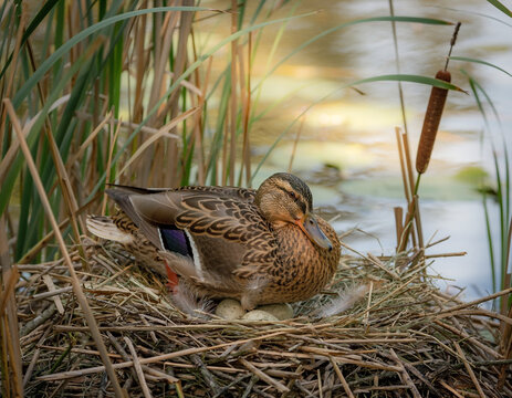 Mother Duck Nesting on Eggs in Reeds.