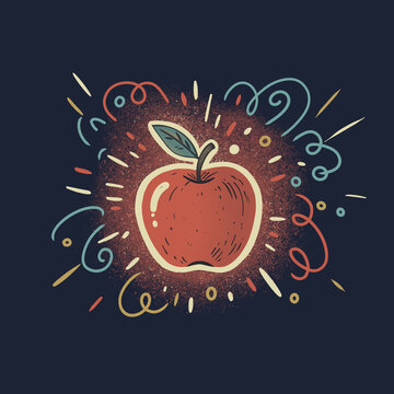 Whimsical painted apple bursting with magical sparkles and colorful lines over a dark background