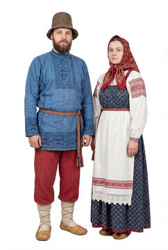 Portrait of man and woman in Russian traditional folk costumes. Couple wearing historical ethnic embroidery dress and shirt with bast shoes standing isolated on white background.