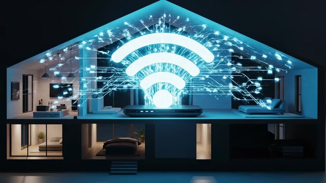 Seamless smart home connectivity. 3D cross-section of a house showing a router emitting glowing blue data streams for fast internet service promotion.