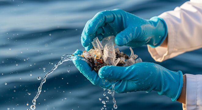 Hands in gloves holding polluted oysters over water.