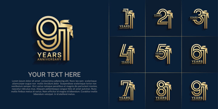 Anniversary logo style double line number set. gold color and ribbon for celebration event