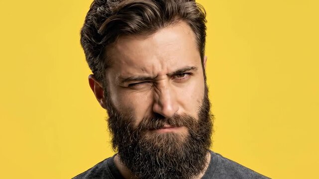 Young Caucasian man with beard is looking at the camera with a skeptical, squinting expression, winking one eye. On a yellow background.