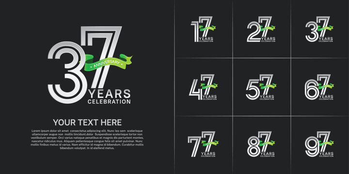 Anniversary logo style double line number set. silver color with green ribbon for celebration event