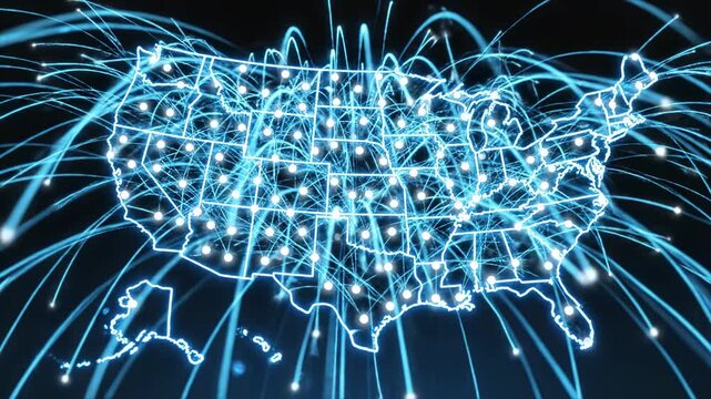 Vibrant digital map of the USA. Blue neon glowing outline of all states for corporate presentations and election coverage.