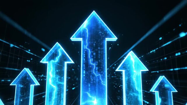 Exponential Digital Growth. Bright blue electric arrows rising through a dark digital grid, symbolizing financial success and technological advancement.
