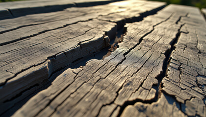 Obraz premium Madera exterior agrietada por exposición solar y desgaste natural en estructura envejecida desgastada. Deterioro de material, envejecimiento de materiales, mantenimiento, superficie dañada.