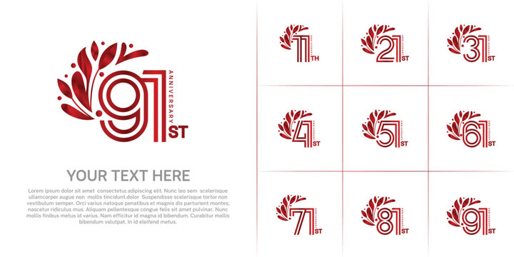 Anniversary logo type set with double line number and floral ornament. red color for celebration event