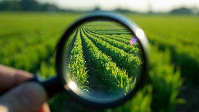 The Magnifying Glass Revealing Lush Rows of Crops in Rolling Green Farmland.
