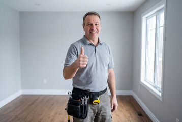 Smiling handyman with tool belt giving thumbs up gesture
