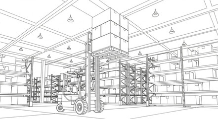Line Art Depiction of a Warehouse Interior with Forklifts. © Izas ganis