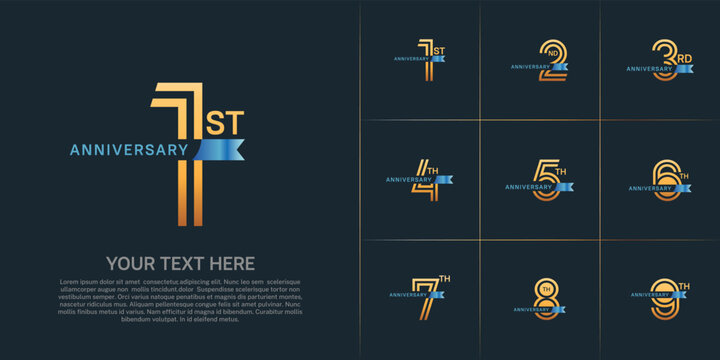 Anniversary logo type set with double line number. gold color with small blue ribbon for celebration event