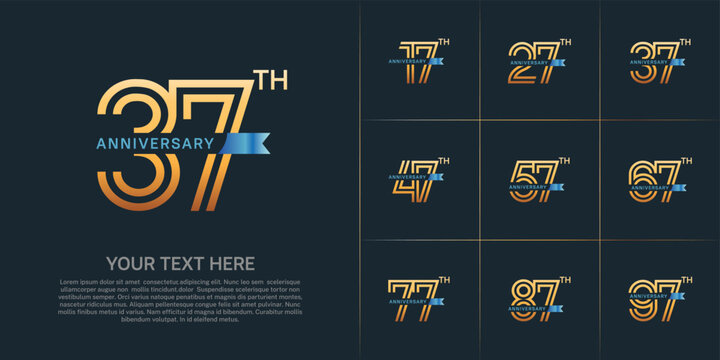 Anniversary logo type set with double line number. gold color with small blue ribbon for celebration event