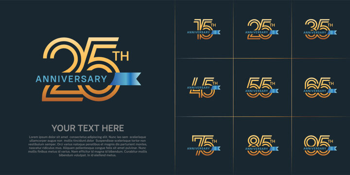 Anniversary logo type set with double line number. gold color with small blue ribbon for celebration event