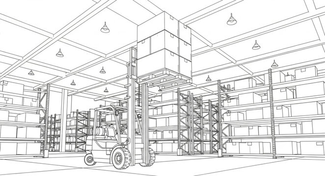 Line Art Depiction of a Warehouse Interior with Forklifts.