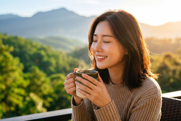Naklejka premium Asian woman enjoying hot coffee on balcony with mountain view sunrise
