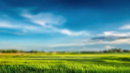 Obraz premium Fresh Green Grass and Bright Blue Sky in a Peaceful Landscape