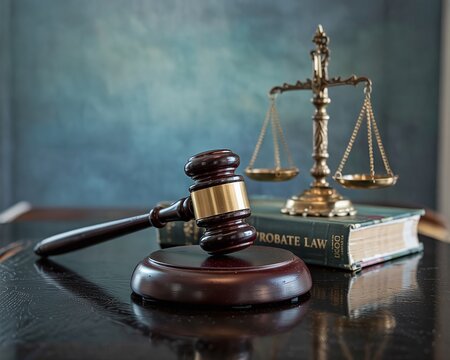 Probate Law Book with Judges Gavel and Scales of Justice for Estate Planning Inheritance and Legal Will Execution Services for Families