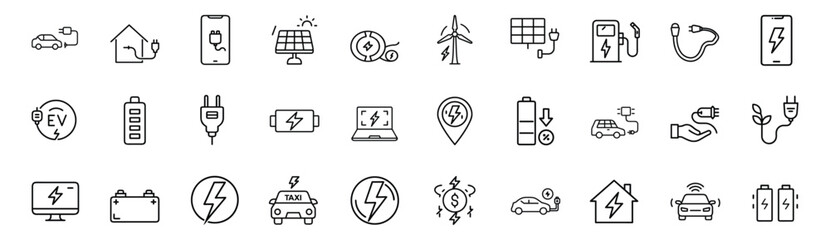 Sustainable renewable energy and electric vehicle line icon featuring solar panel wind turbine EV charging station battery, eco transport more vector illustration or editable stroke. © Purnorup Dream IT 