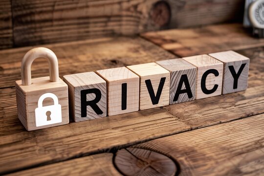 Data Privacy Concept with Rustic Wooden Letter Blocks and White Padlock Icon for General Data Protection Regulation and Information Safety