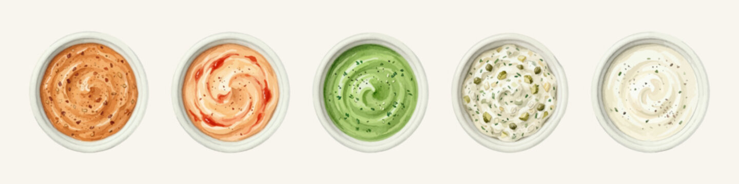 Watercolor vector mayonnaise-based sauces set, chipotle mayo, sriracha mayo, green goddess, tartar sauce, aioli