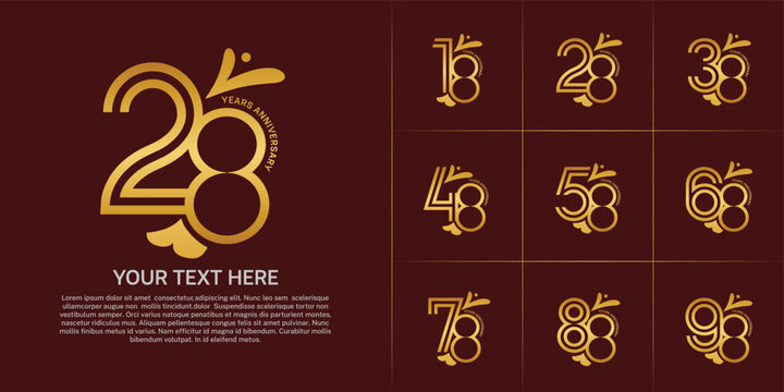 Anniversary logo type set with double line number. golden color with leaf ornament can be use special moment