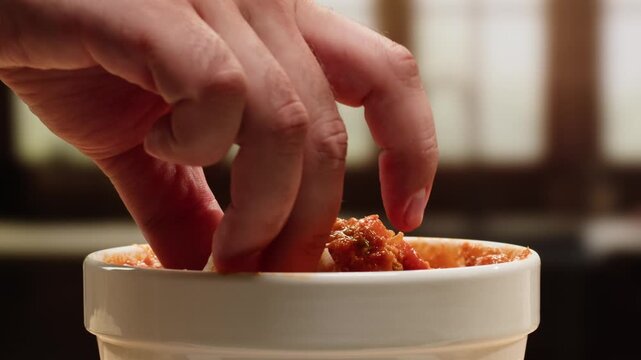 Cooking chicken Indian curry, tikka masala, chicken, lamb, mutton Rogan Josh grill boiling on pan, sauce. Dark background. Close up.