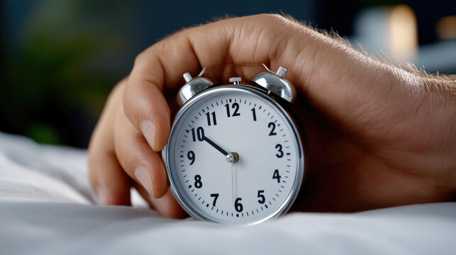 Hand reaching for an old alarm clock on a white pillow, turning off the morning wake up call, signaling the start of a new day and daily routine