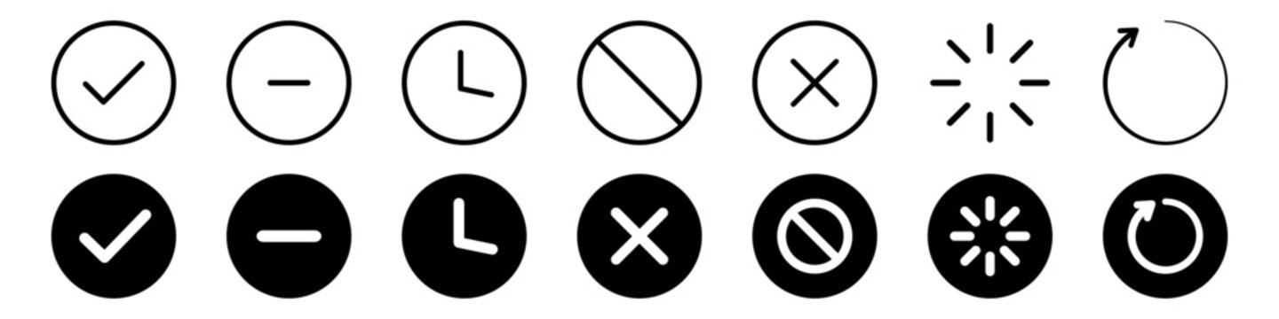 UI status icon set for pending, warning, active, inactive, disabled and processing states indicators in solid and outline styles