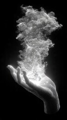 Mystical Wireframe Hand Emitting Glowing Particles and Ethereal Smoke