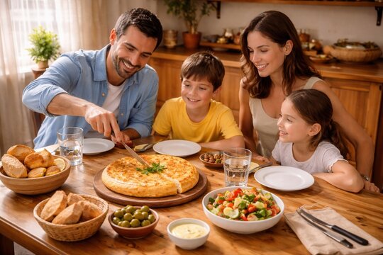 Familie teilt Tortilla Espa&ntilde;ola in gem&uuml;tlicher Atmosph&auml;re
Herzliche Familienszene mit spanischem Kartoffelomelett, frischem Salat und Brot bei einer entspannten gemeinsamen Mahlzeit am Tisch.
