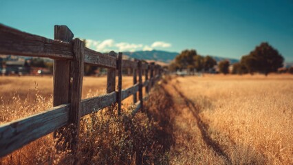 Fototapeta premium Rustic Wooden Fence in Golden Field on a Sunny Day