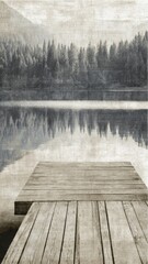 Fototapeta premium Rustic Wooden Pier on Serene Lake with Forest Reflection, Monochrome