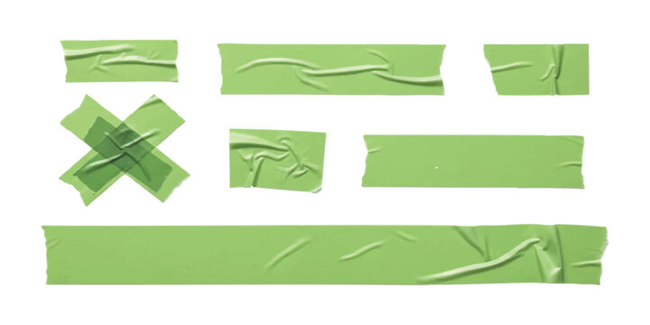 Realistic green masking tape set with wrinkled adhesive strips and cross shape for collage design vector illustration on white background