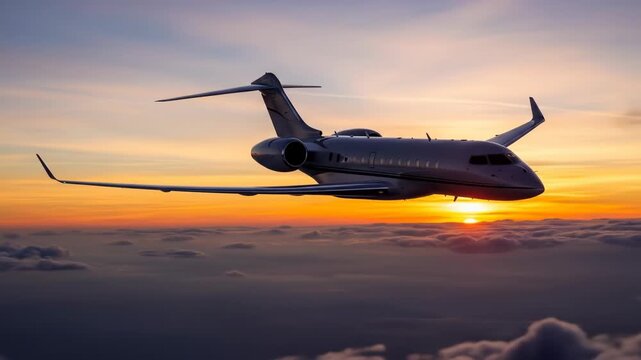A sleek, silver private jet flies through the sky at sunset, surrounded by clouds